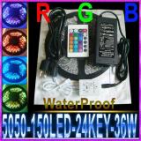 5050 150 5M RGB LED Strip SMD 30led/m outdoor waterproof + 24key IR remote controller+power supply 